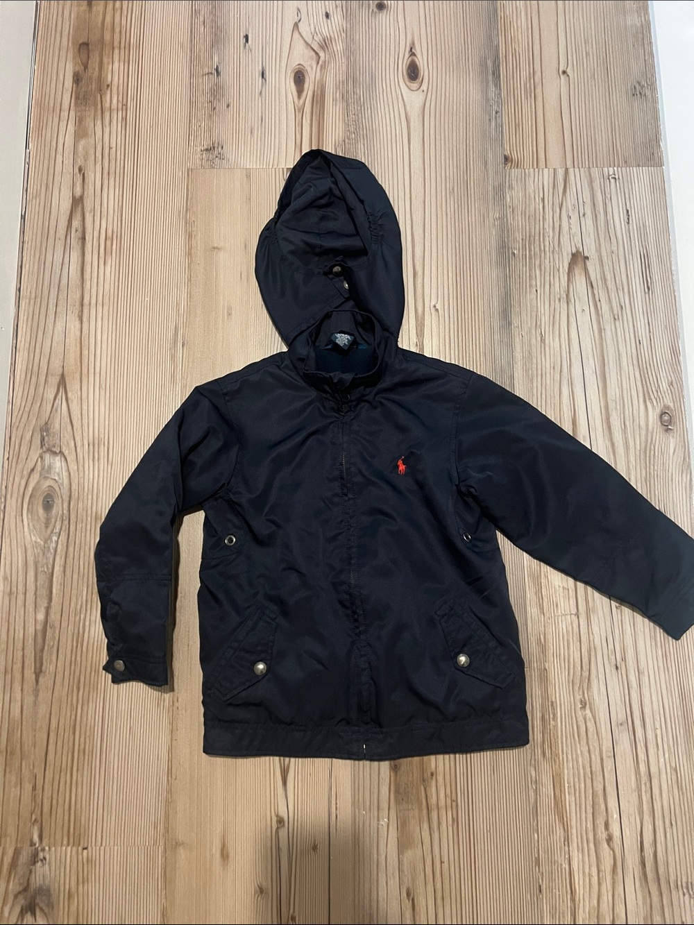 Ralph Lauren Navy Hooded Kids Raincoat with Red Pony Embroidery